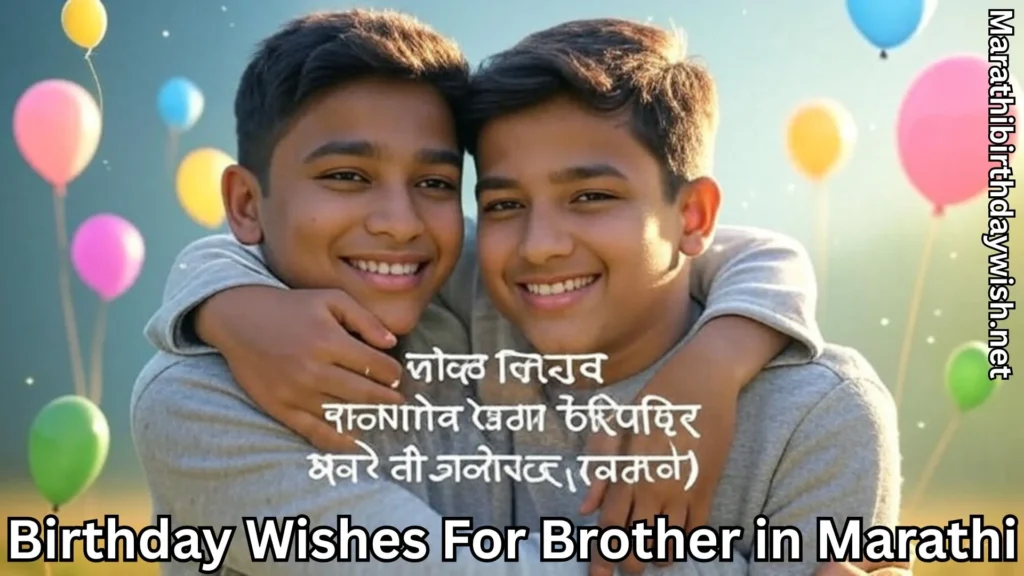Two teenage brothers smiling with birthday balloons and Marathi message