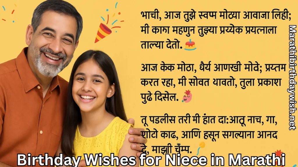 Uncle and smiling niece with Marathi birthday wish and emojis on yellow bg