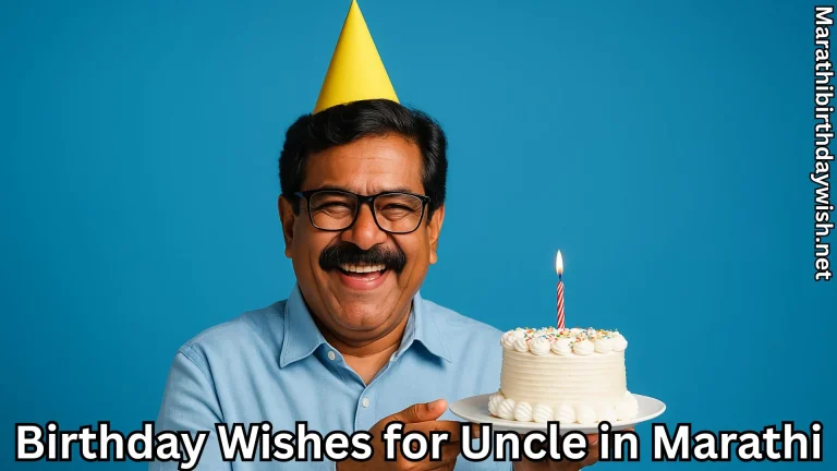 Uncle with party hat holding cake and birthday wishes for uncle in Marathi text overlay