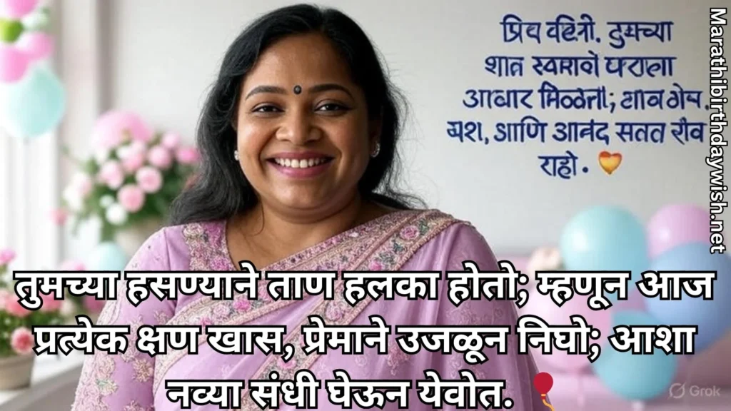 Vahini in pink saree with balloons and Marathi birthday quote