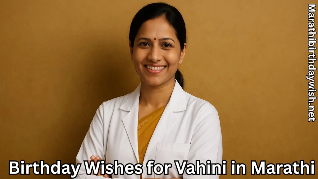 Vahini in white medical coat, smiling on ochre backdrop