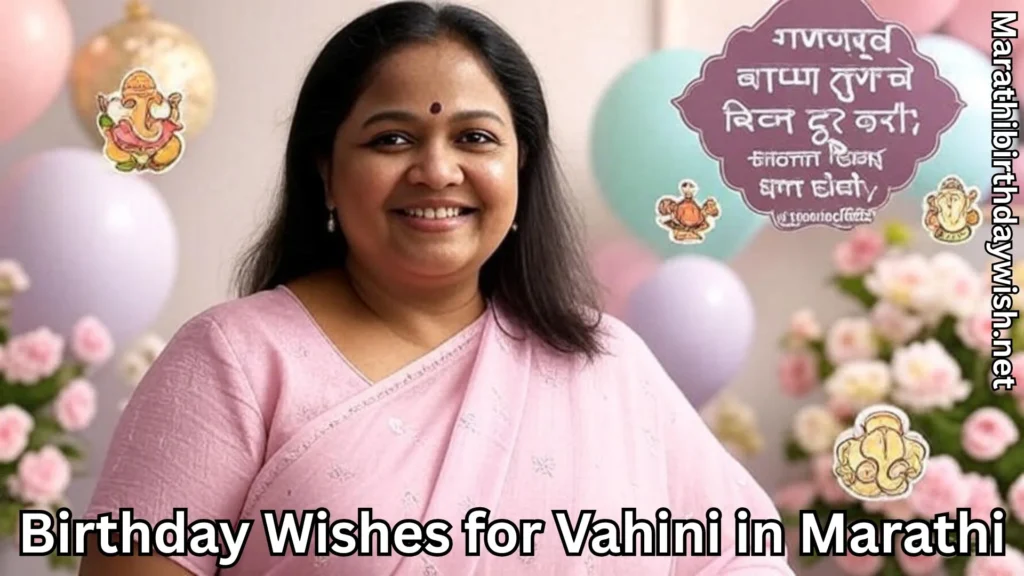Vahini with balloons, Ganpati decor and birthday wishes for vahini in marathi text overlay