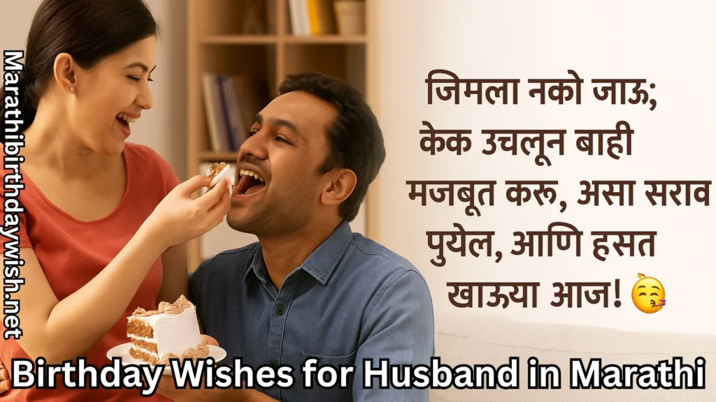 Wife feeding birthday cake to husband with funny Marathi quote