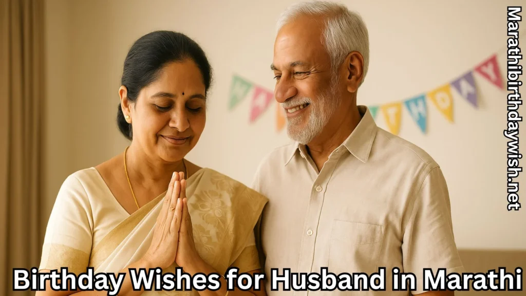 Wife folding hands beside smiling husband and birthday wishes for husband in marathi text overlay