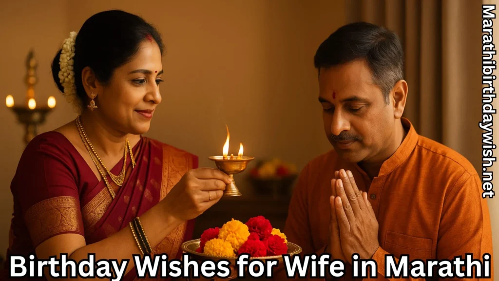 Wife performing aarti for husband and birthday wishes for wife in marathi text overlay