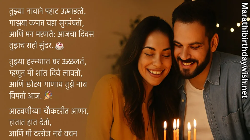 Wife smiling with husband near cake and Marathi romantic message