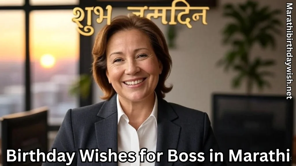 Woman boss smiling with “शुभ जन्मदिन” text, office sunset