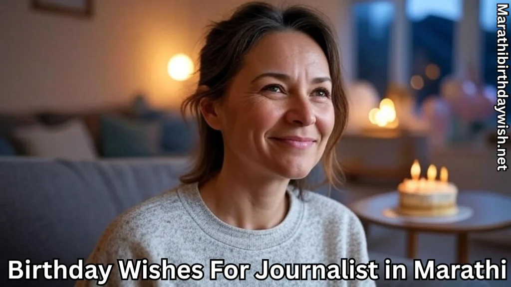 Woman smiling at home; blurred birthday cake with candles in background