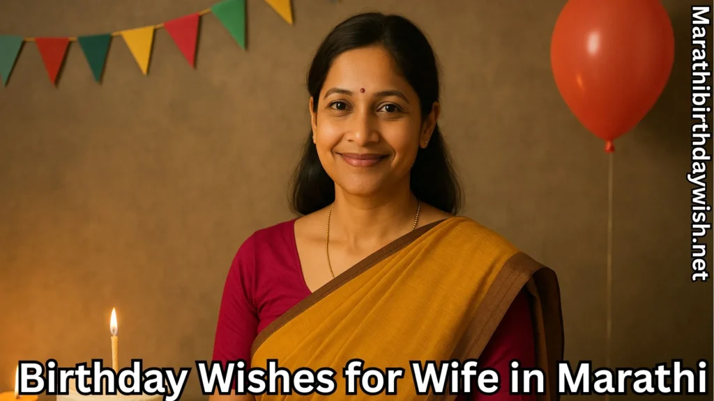 Woman smiling with candle-lit birthday setup and birthday wishes for wife in marathi text overlay