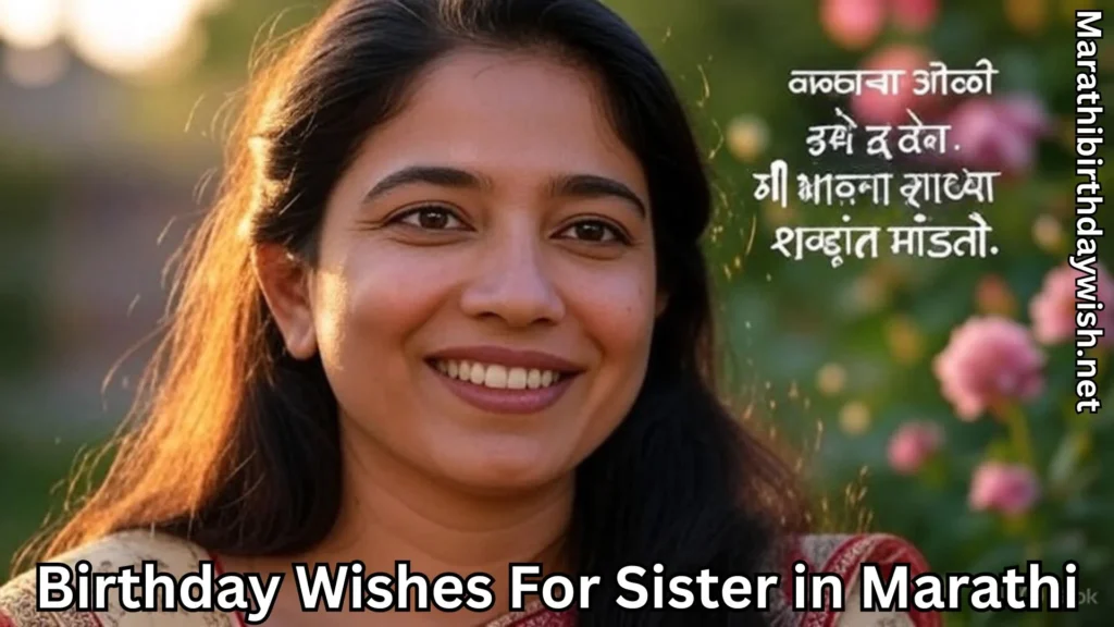 Woman with flowers and soft smile with Marathi birthday message