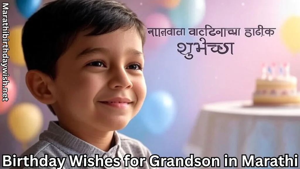 Young boy with balloons and cake, birthday wishes for grandson in marathi text overlay