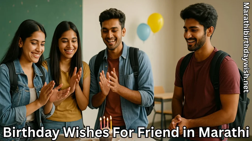 Young friends clapping for birthday near chalkboard with balloons