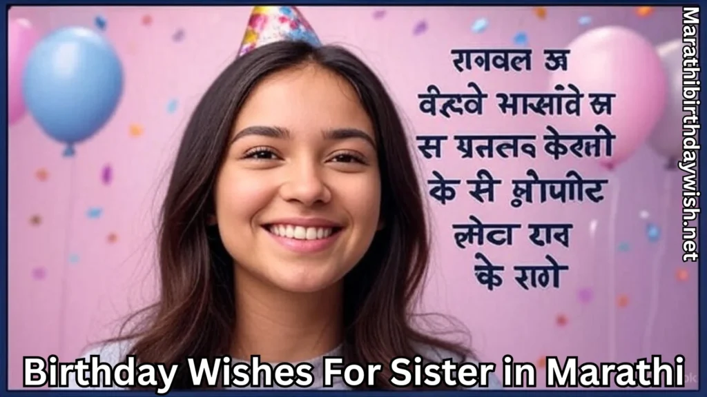 Young girl in party hat with balloons and birthday wishes in Marathi