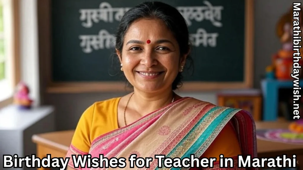 Young teacher smiling in saree with Marathi birthday wishes text
