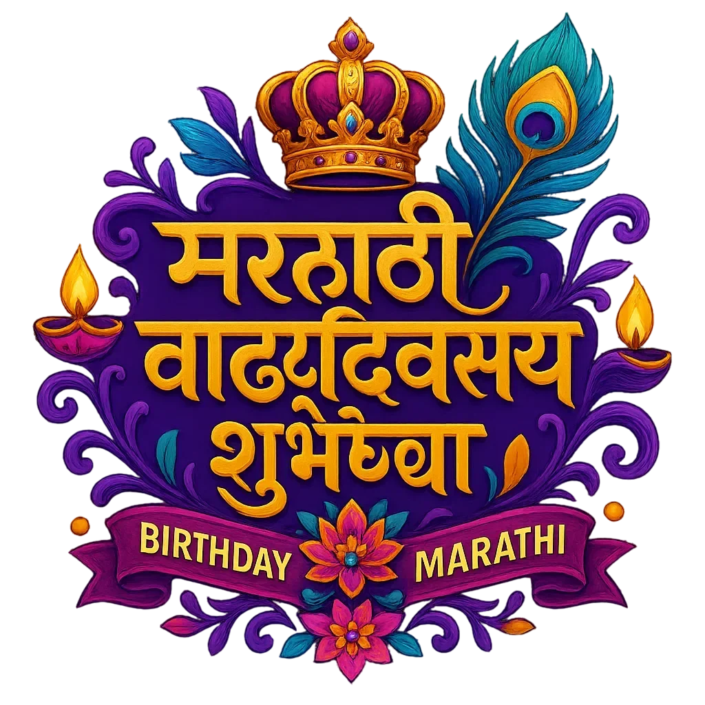 Marathi birthday wish with crown, peacock feather, diyas, and floral design.
