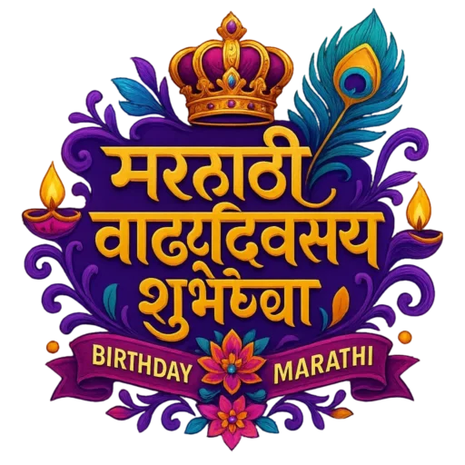 Marathi birthday wish with crown, peacock feather, diyas, and floral design.