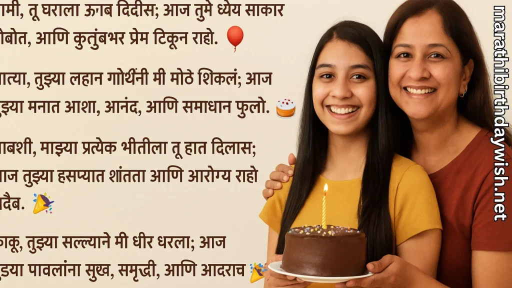 Aunt and girl with chocolate cake; birthday wishes for aunt in marathi text overlay