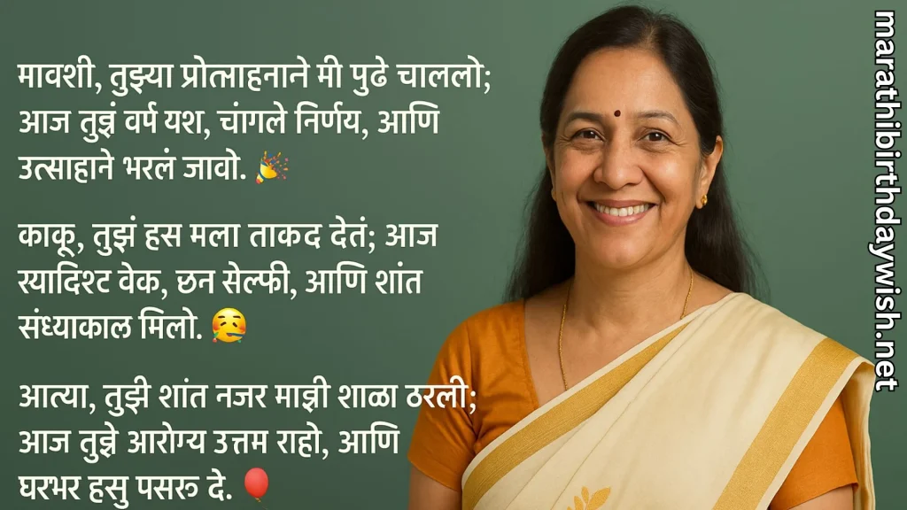 Aunt in sari smiling on green backdrop with Marathi birthday wishes.