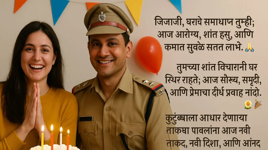 Couple with policeman at birthday, Marathi wishes text on right