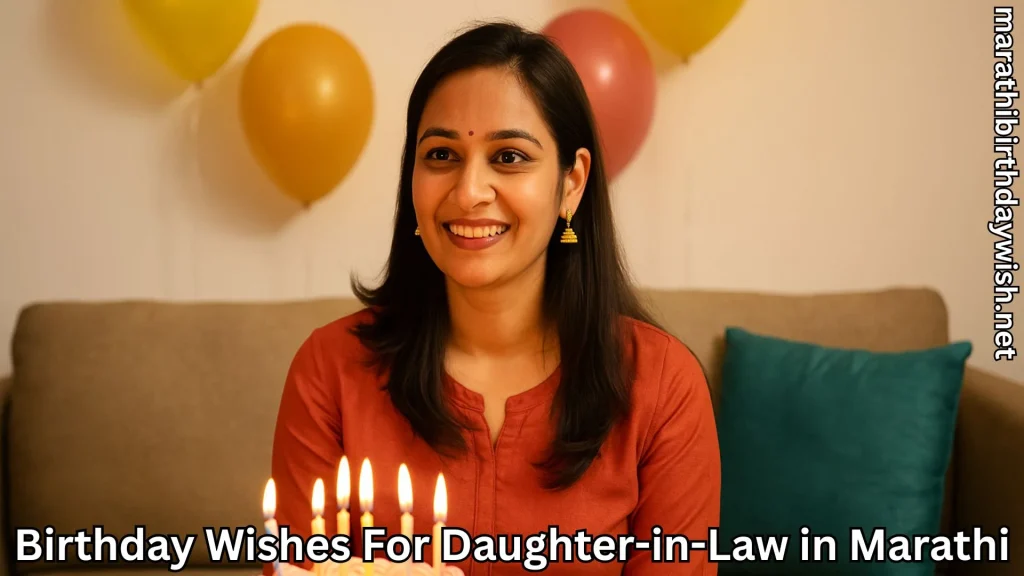 Daughter-in-law smiling with balloons and cake candles, birthday wishes