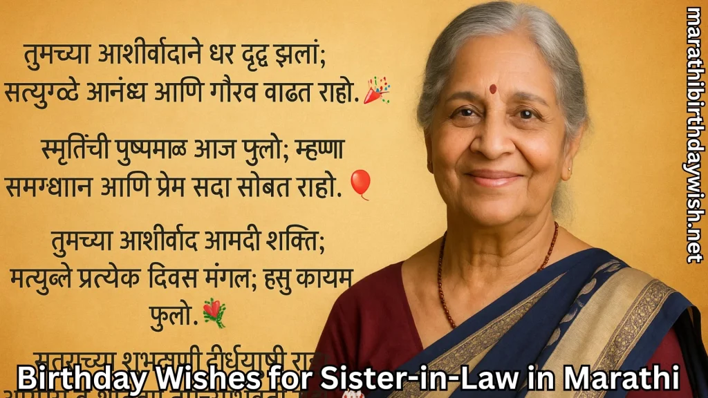 Elderly woman in sari; Marathi birthday wishes on yellow background
