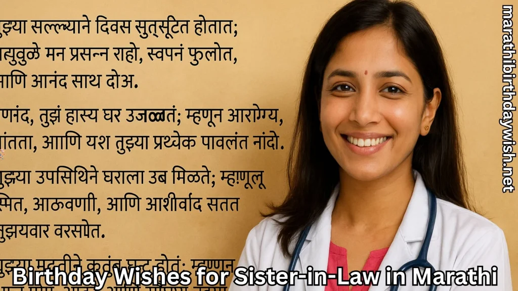 Female doctor smiling with birthday wishes for sister-in-Law in Marathi text