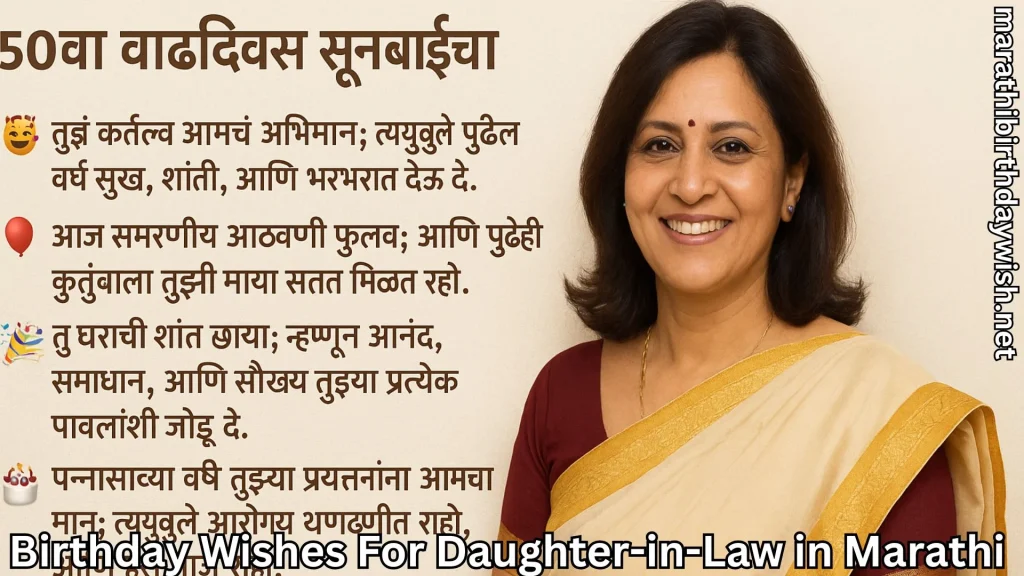 Fiftieth birthday wishes in Marathi beside smiling woman in saree