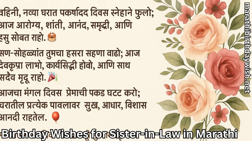 Floral Marathi card with birthday wishes for sister-in-law, roses on right