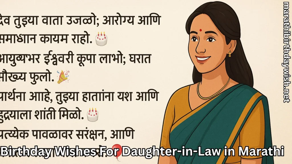 Illustrated daughter in saree with birthday wishes for daughter-in-law in marathi text overlay