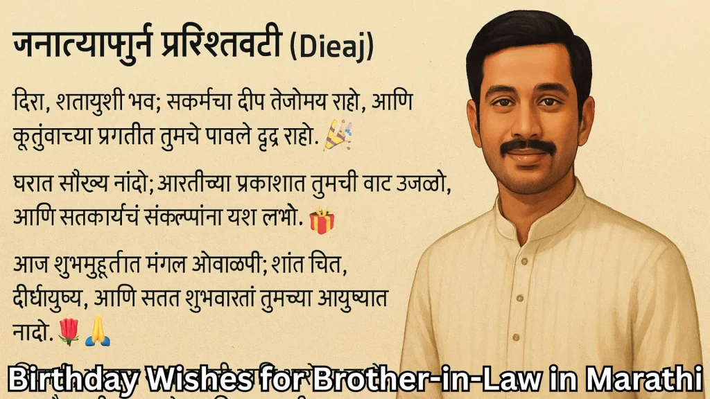 Illustrated man with mustache; birthday wishes for brother-in-law in marathi text overlay