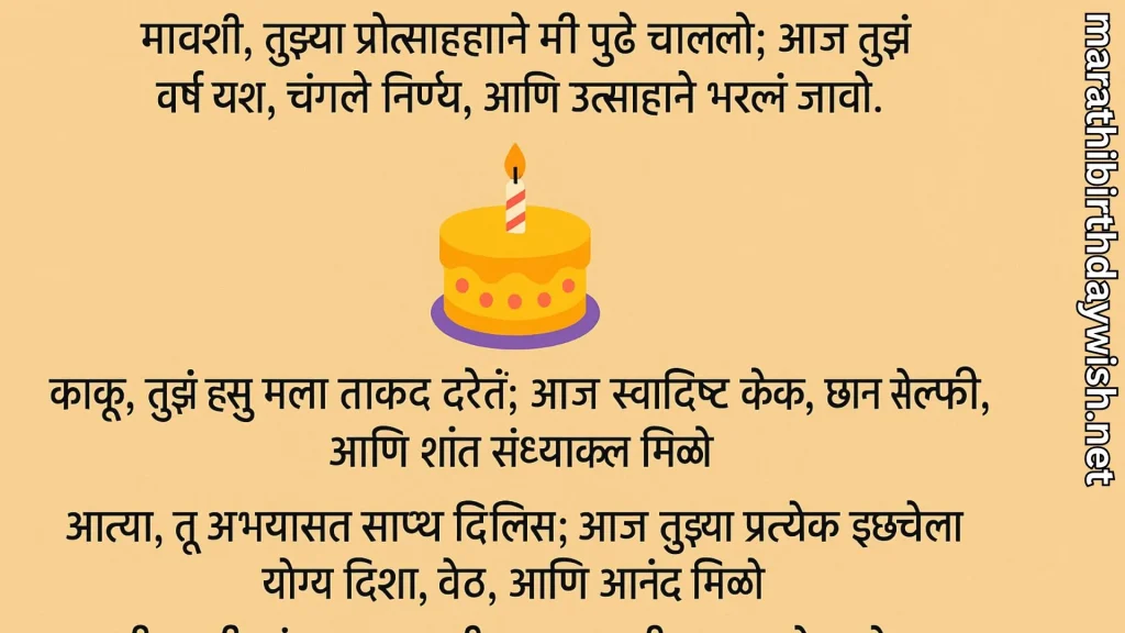 Marathi birthday wishes for aunt on beige background, cake icon.