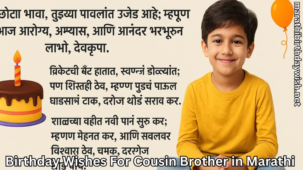 Marathi wishes card, young boy in yellow, cake icon, cousin brother theme