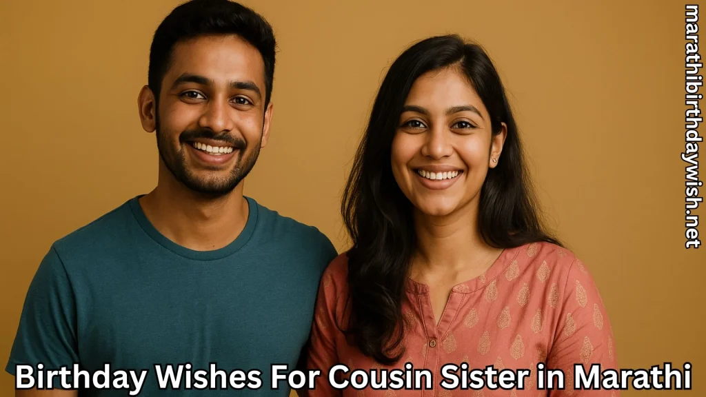 Smiling cousins pose together; birthday wishes for cousin sister in marathi text overlay