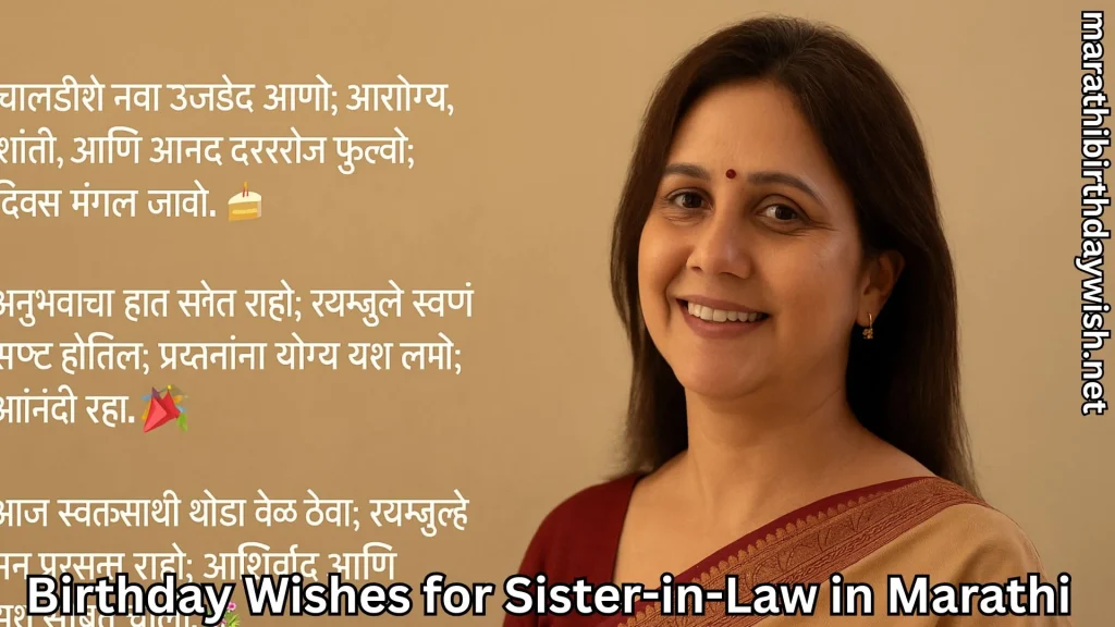 Woman smiling; Marathi birthday wishes on beige background, cake emoji