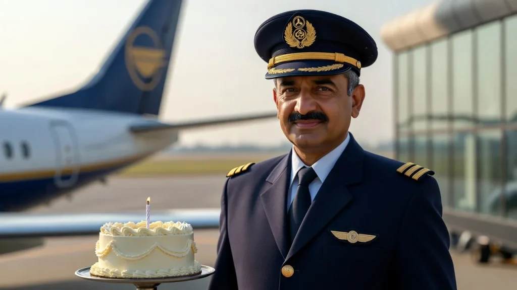 Pilot with cake by aircraft and birthday wishes for pilot in marathi text