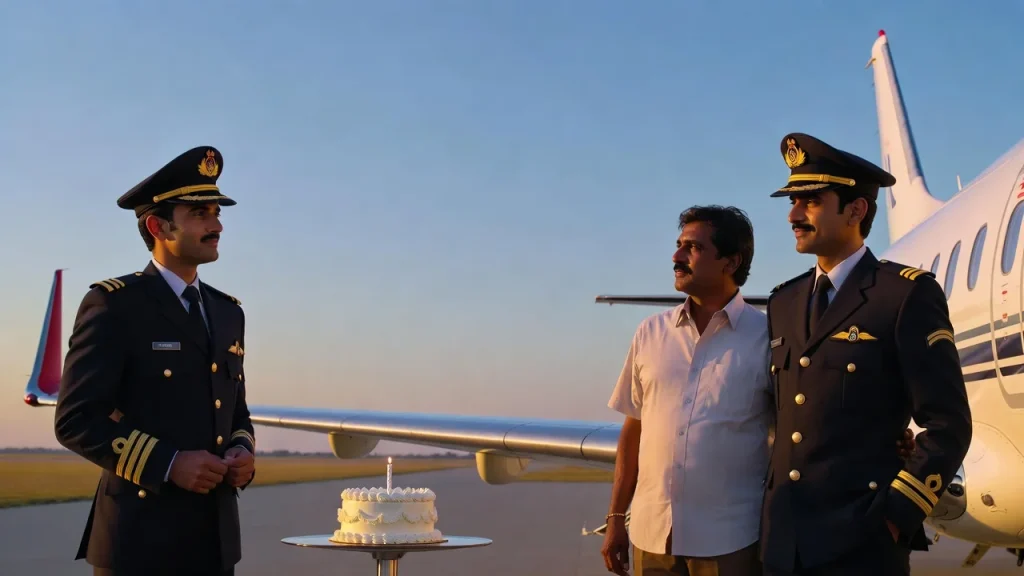Pilots beside jet and cake and birthday wishes for pilot in marathi text
