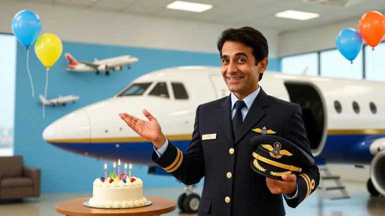 Smiling pilot in hangar with cake and balloons
