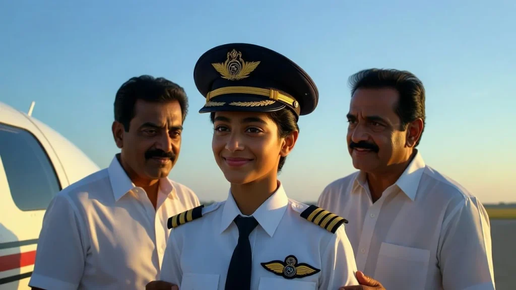Woman pilot with parents near plane at sunset
