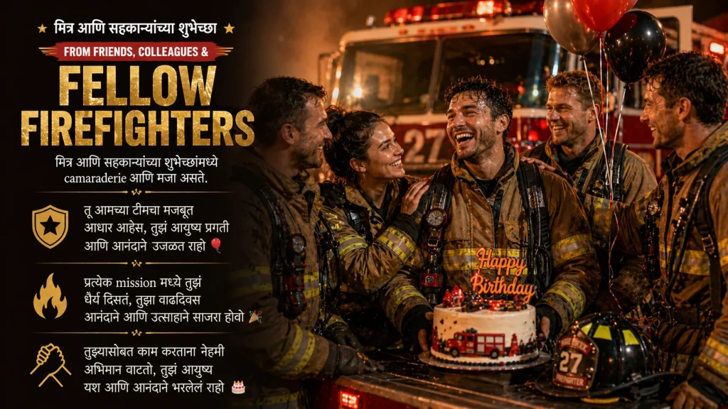 Firefighters celebrating teammate birthday with cake and balloons