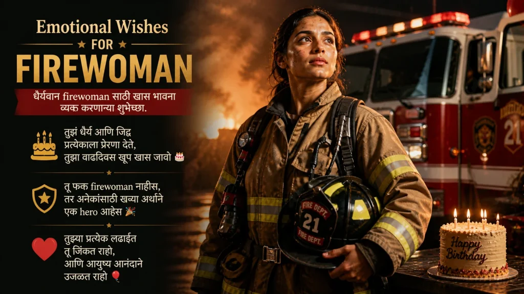 Firewoman birthday wishes for firefighter in marathi with fire truck and cake