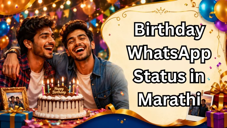Birthday celebration with two friends, cake, balloons and Marathi WhatsApp status