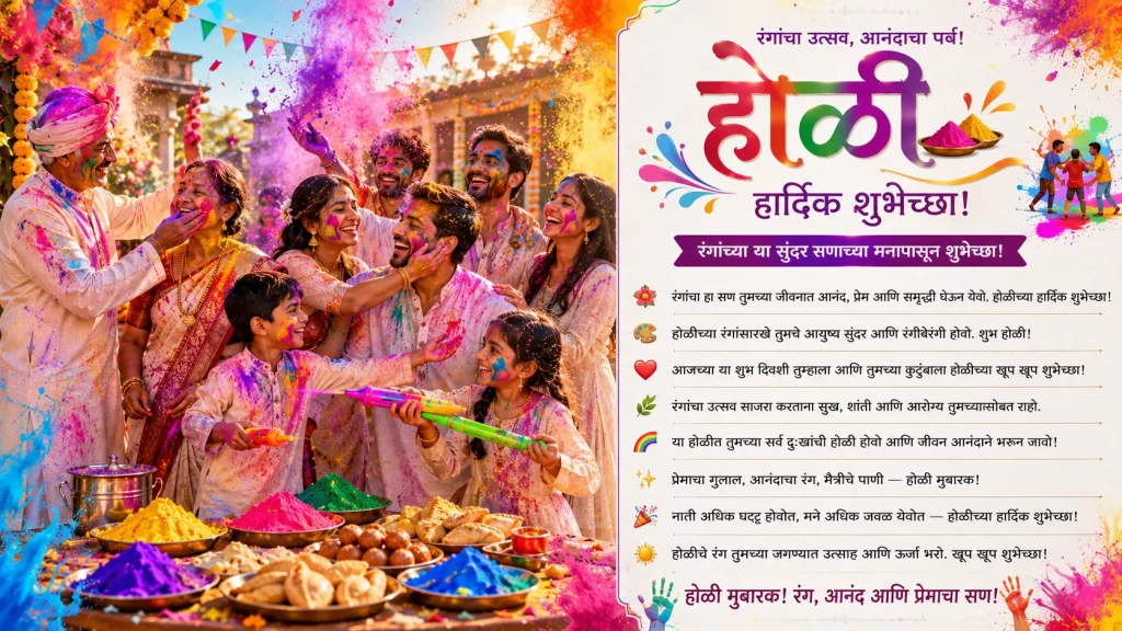 Family celebrating Holi with colors and Marathi greetings poster