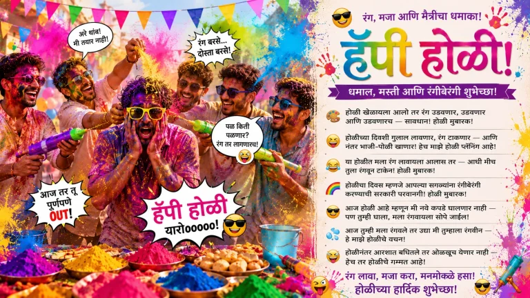 Funny Holi wishes in Marathi with friends playing colors and gulal