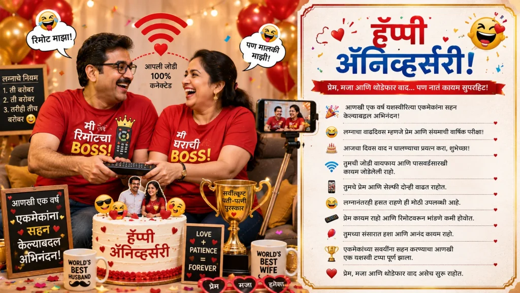 Funny Marathi wedding anniversary wishes with smiling couple and cake