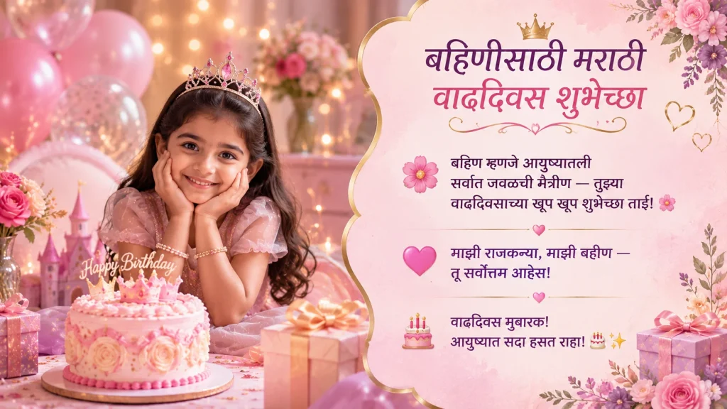 Marathi birthday wishes for sister with pink cake and decorations