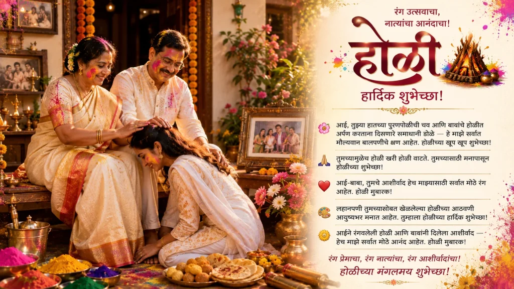 Parents blessing daughter on Holi with Marathi wishes message